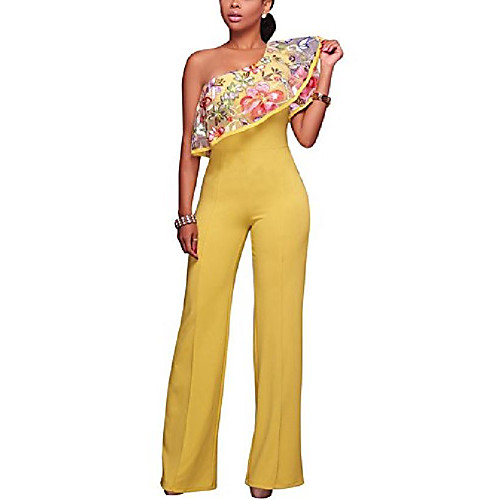 

womens one shoulder floral embroidered ruffle high waist long wide leg pants jumpsuits rompers yellow x-large