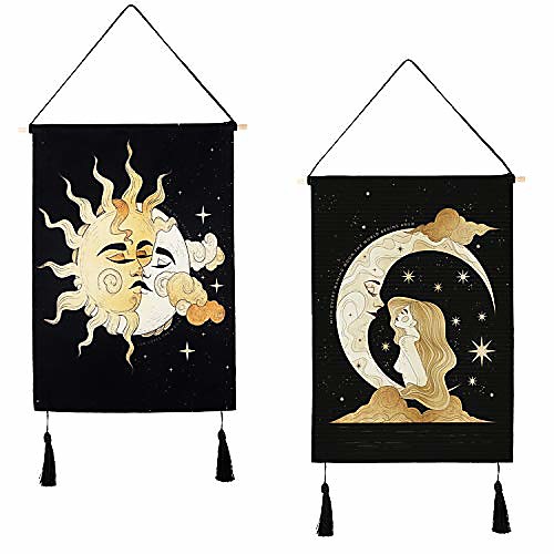 

2 pcs Bohemian Tarot Divination Wall Tapestry Art Decor Blanket Curtain Hanging Home Bedroom Living Room Decoration Nordic Cotton Linen Tassel Moon Stars Sun 14 x 20