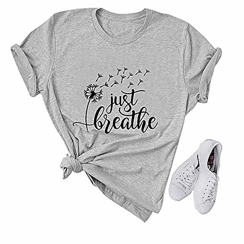 

just breathe dandelion grafic tee tops for women solid color round neck short sleeve t-shirt lightgrey