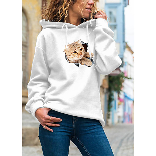 

Women's Pullover Hoodie Sweatshirt Cat Graphic 3D Daily Basic Casual Hoodies Sweatshirts White