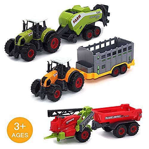

farm tractors truck and trailers set toy mini die-cast metal alloy farmer car vehicle gifts for kids boys girls children - 6 pieces