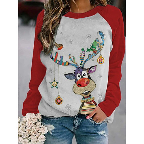 

Women's Christmas Tunic Cartoon Cat Deer Long Sleeve Print Round Neck Basic Christmas Tops Cotton Black Purple Red