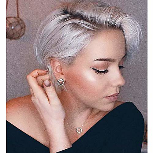 

gray pixie wig layered short cut wig with bangs natural looking dark roots synthetic hair wigs for women(gray mixed light pink)