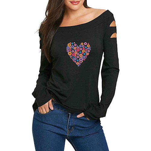 

Women's T-shirt Heart Long Sleeve Cut Out Off Shoulder Tops Cotton Basic Basic Top Black Red
