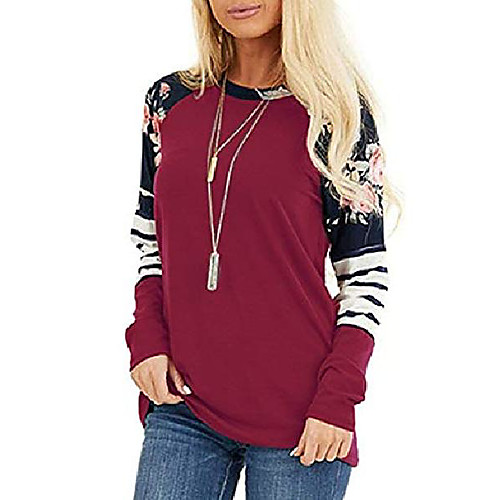 

women floral printed stripe color block long sleeve casual t-shirt tops grape xl