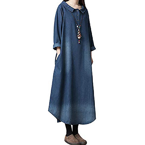 

women's loose fit calf long denim dress blue uk size 14