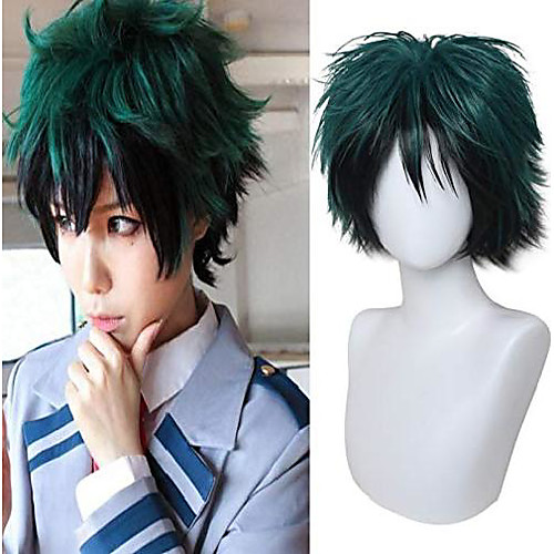 

short green black wig for deku cosplay halloween costume party unisex short anime wig with bangs