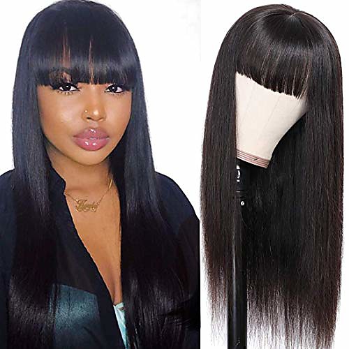 

straight wigs with bangs brazilian virgin with elastic bands natural black color wig for women (14inch)