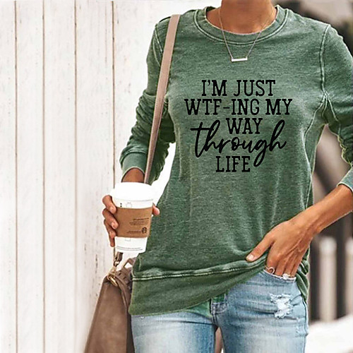 

Women's T-shirt Graphic Prints Letter Long Sleeve Round Neck Tops Basic Basic Top Black Blue Green