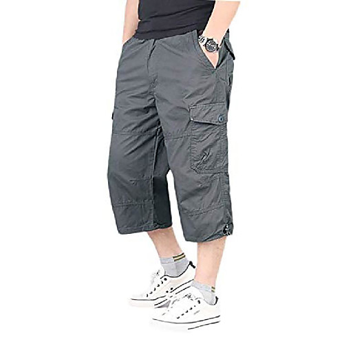 

men's casual twill elastic ripstop basic cargo shorts below knee loose fit multi-pocket capri long shorts all-season grey 38