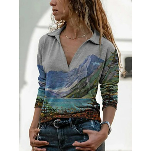 

Women's T shirt Scenery Graphic Prints Long Sleeve Print Shirt Collar Tops Basic Basic Top White Gray Light Blue