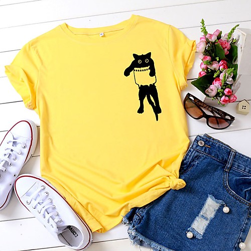 

Women's T-shirt Cat Graphic Prints Letter Print Round Neck Tops 100% Cotton Basic Basic Top White Black Yellow