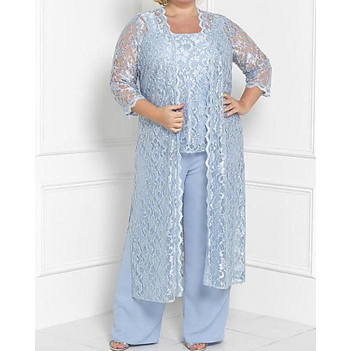 

Two Piece Pantsuit / Jumpsuit Mother of the Bride Dress Elegant Vintage Jewel Neck Floor Length Chiffon Lace 3/4 Length Sleeve with Appliques 2021
