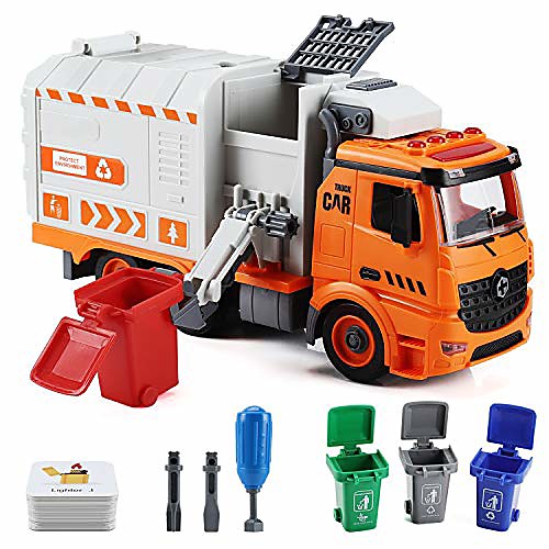 

garbage truck toys for boys, diy friction powered waste management recycling truck toy set with 4 trash cans, toy vehicles with light and sound, gifts for 3-12 years old toddlers