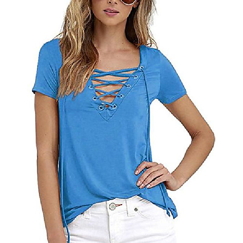 

women's sexy lace up long sleeve plain tshirts casual criss cross v neck tee tops(bl,s)