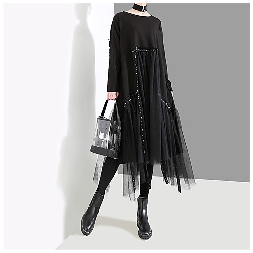 

Women's Swing Dress Knee Length Dress Black Long Sleeve Solid Color Mesh Patchwork Fall Spring Round Neck Work Casual 2021 One-Size