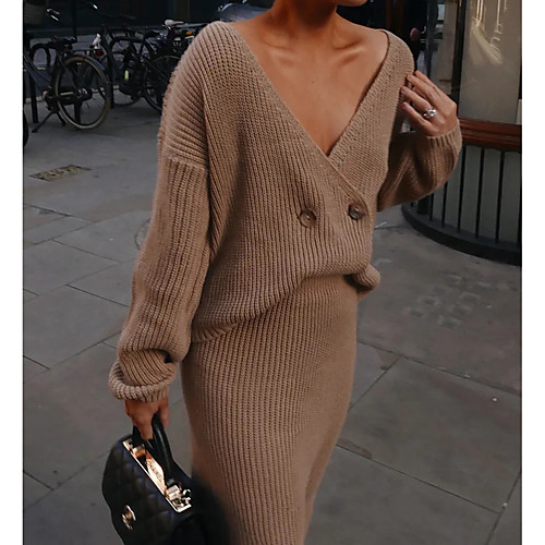 

Women's Stylish Knitted Solid Color Cardigan Long Sleeve Sweater Cardigans V Neck Fall Winter Blue Camel