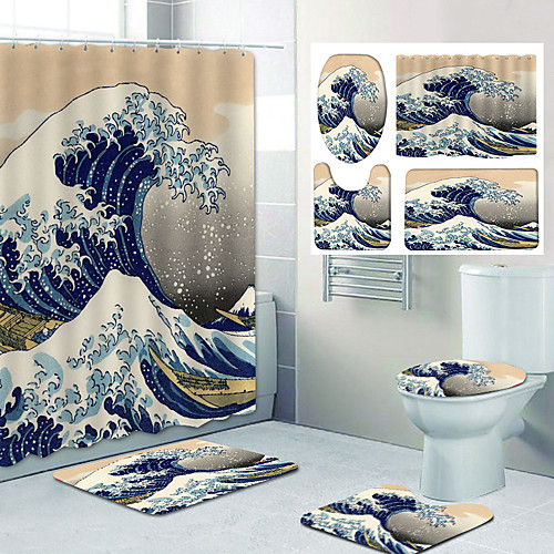 

Japanese Style Waves Pattern PrintingBathroom Shower Curtain Leisure Toilet Four-Piece Design
