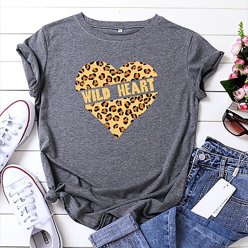 

Women's T shirt Heart Leopard Graphic Prints Print Round Neck Tops 100% Cotton Basic Basic Top White Black Yellow