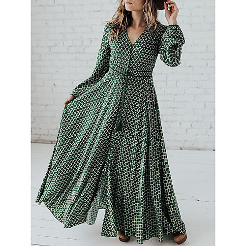 

Women's Swing Dress Maxi long Dress Green Long Sleeve Print Fall V Neck Elegant Casual Chiffon 2021 XS S M L XL XXL 3XL