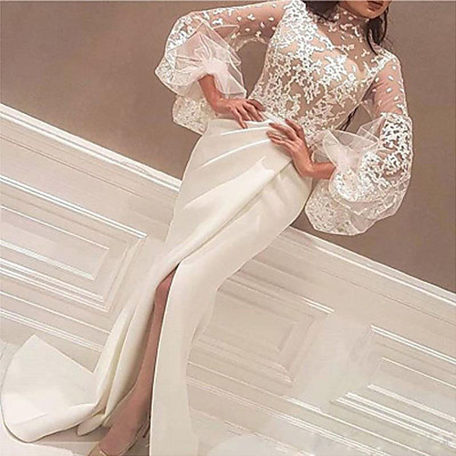 

Women's Swing Dress Maxi long Dress White Long Sleeve Solid Color Tie Dye Mesh Jacquard Fall Turtleneck Elegant Sexy 2021 S M L XL