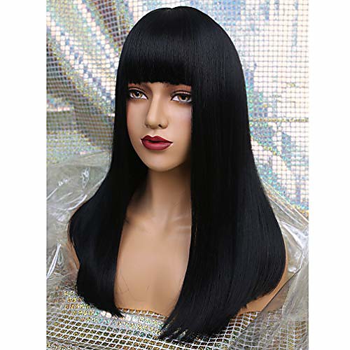 

20 medium long straight wig with bangs synthetic hair for white black women cosplay color: black