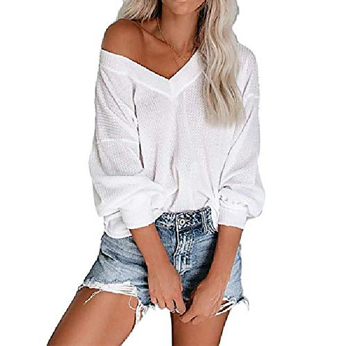 

women's v neck long sleeve waffle knit top off shoulder pullover sweater for autumn and winter white