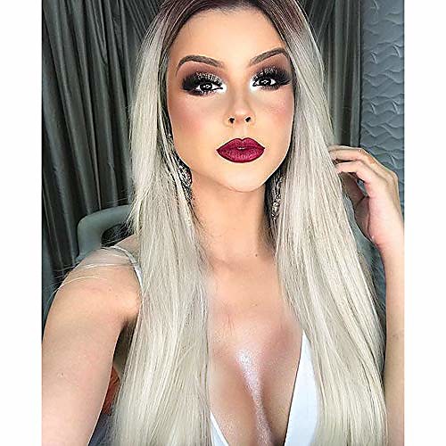 

long platinum blonde wig straight ombre blonde wigs for women synthetic middle part wig 30 inch (ombre platinum blonde)