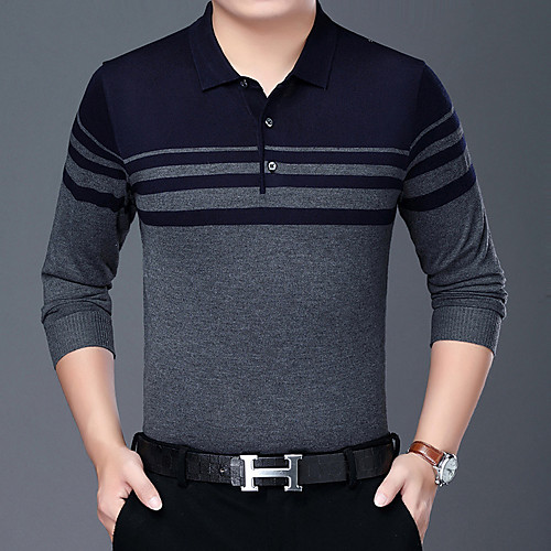 

Men's Knitted Striped Pullover Long Sleeve Sweater Cardigans Shirt Collar Fall Winter Blue Red Army Green