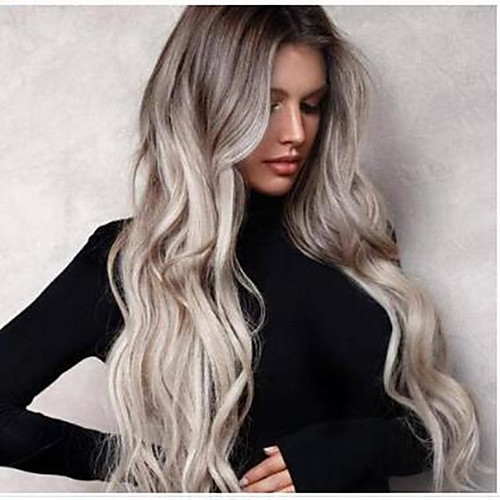 

Synthetic Wig Bouncy Curl Middle Part Wig Long Grey Synthetic Hair Women's Soft Elastic Ombre Hair Dark Gray
