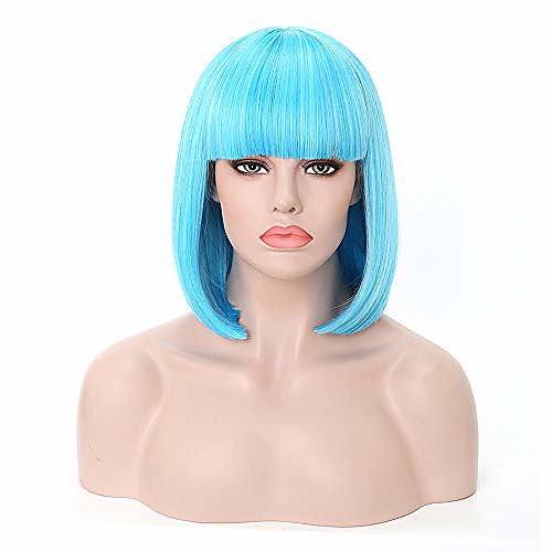 

short bob hair wigs 14 straight with flat bangs synthetic hair wig colorful cosplay daily party halloween wig for women natural as real hair (light blue)