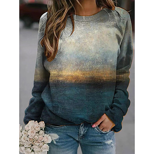 

Women's Color Block Pullover Long Sleeve Sweater Cardigans Crew Neck Fall Winter Blue Green