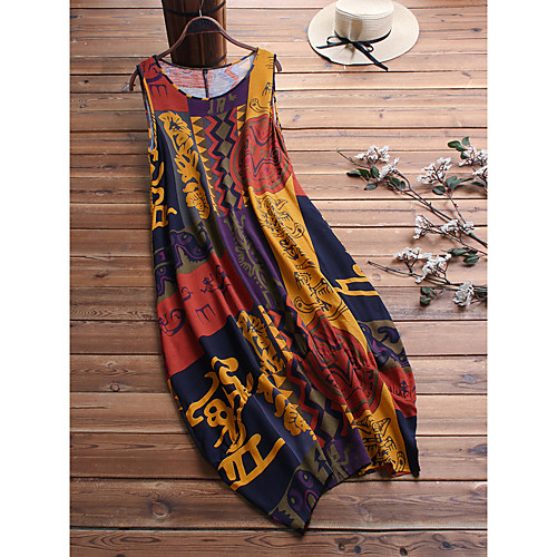 

Women's Swing Dress Midi Dress Blue Red Yellow Sleeveless Print Patchwork Print Fall Spring Boat Neck Elegant Vintage 2021 M L XL XXL 3XL 4XL 5XL / Plus Size
