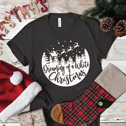 

Women's Christmas T shirt Graphic Graphic Prints Letter Print Round Neck Tops 100% Cotton Basic Christmas Basic Top White Black Red