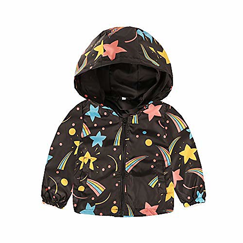 

kids grils long sleeve cartoon print hooded coat tops outfits zip pockets outwear (black, 6t)