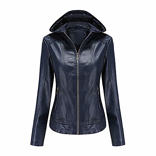 

women hooded plush zipper leather jacket warm velvet detachable coats tops dark blue