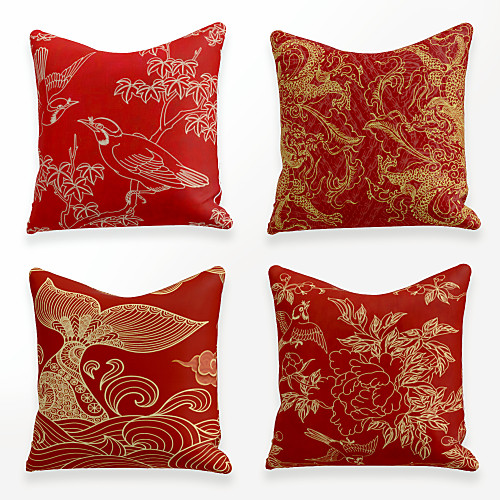 

Cushion Cover 4PCS Linen Soft Decorative Square Throw Pillow Cover Cushion Case Pillowcase for Sofa Bedroom 45 x 45 cm (18 x 18 Inch) Superior Quality Mashine Washable Chinese Style Red Gold Print