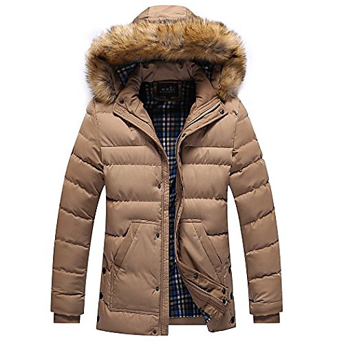 

men's winter full-zip fur collar mid-long down puffer coat parka jacket khaki xs