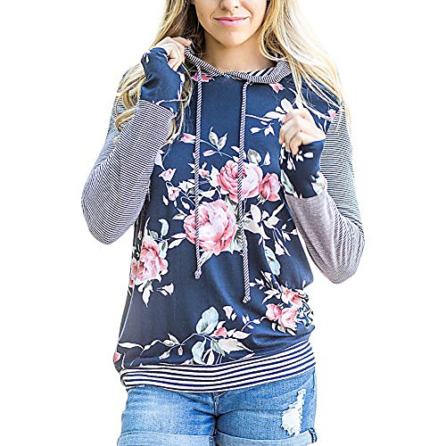 

women's floral print hoodie long sleeve striped sweatshirt pullover blue xxl