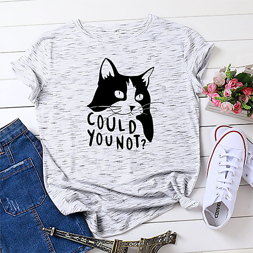 

Women's T shirt Cat Graphic Prints Animal Print Round Neck Tops 100% Cotton Basic Basic Top White Black Yellow