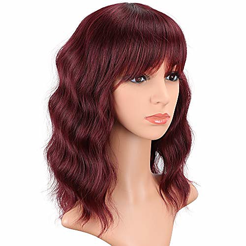 

short wine red wavy wigs with bangs for women shoulder length synthetic bob curly wigs burgundy wavy wigs