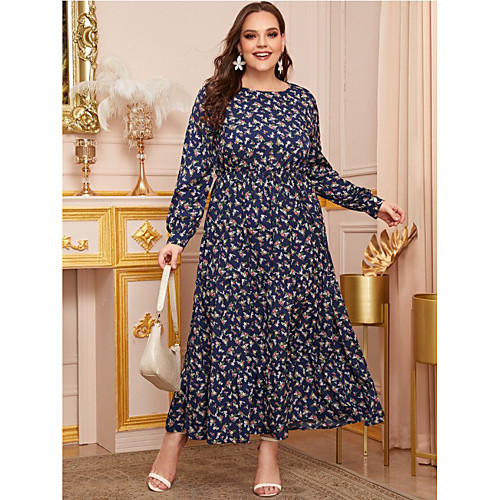 

Women's Swing Dress Maxi long Dress Dusty Blue Long Sleeve Print Patchwork Print Fall Round Neck Casual 2021 XL XXL 3XL 4XL / Plus Size