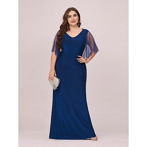 

Mermaid / Trumpet Mother of the Bride Dress Plus Size Sexy V Neck Floor Length Polyester Half Sleeve with Beading 2021