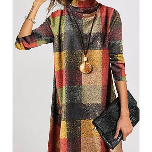 

Women's Shift Dress Knee Length Dress Blue Brown Long Sleeve Plaid Print Fall Winter Turtleneck Casual 2021 S M L XL XXL 3XL