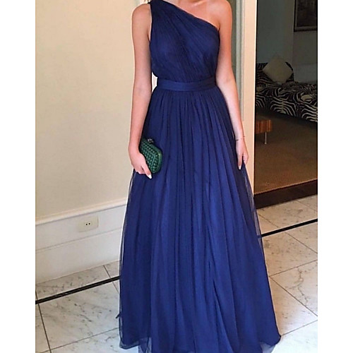 

A-Line Beautiful Back Sexy Wedding Guest Formal Evening Dress One Shoulder Sleeveless Floor Length Tulle with Pleats 2021