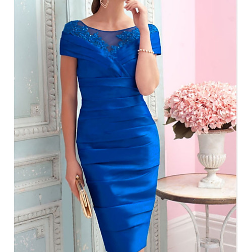 

Sheath / Column Mother of the Bride Dress Plus Size Vintage Sexy Jewel Neck Knee Length Satin Short Sleeve with Draping 2021