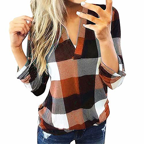 

women casual shirts roll up long sleeve blouse v neck plaid shirt slim tops ladies autumn blouse (orange, m)