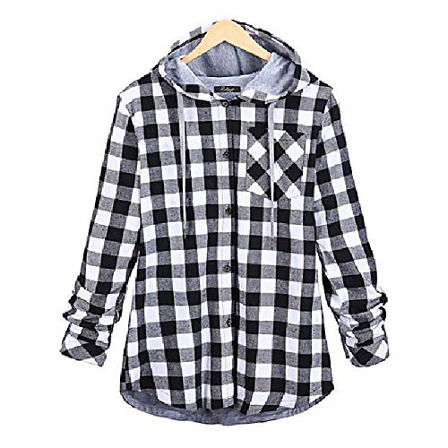 

women's flannel plaid shirts full lined checked button down hooded shirt (grey, x-small)