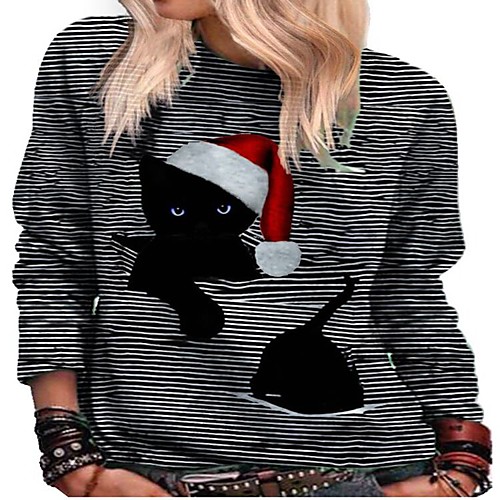 

Women's Christmas Tunic Striped Cat Animal Long Sleeve Print Round Neck Tops Cotton Basic Christmas Basic Top Black Blue Red
