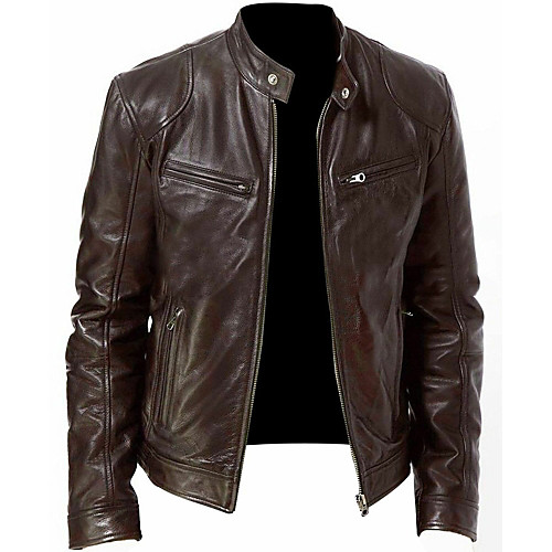 

men stand collar solid zipper jacket long sleeve autumn winter outwear brown